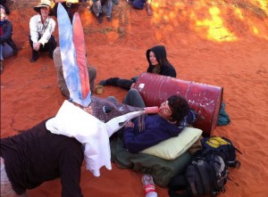 Two Protesters locked in to a 44 gallon drum
